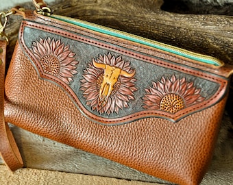 Tooled Leather Wristlet Purse, Western Clutch, Floral Purse, Handmade Leather, Southwestern, Cowgirl, Country Chic, Dopp, Makeup Bag, Cow