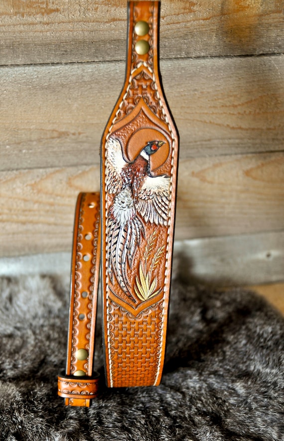 Leather Sling, Strap, Gifts for Him, Dad, Sportsman, Outdoorsman, Wildlife, Pheasant, Bird, Partridge, Belt, Custom, Woodsman