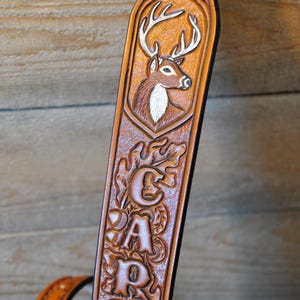Personalized Tooled Leather Sling: Whitetail Deer, Custom Strap