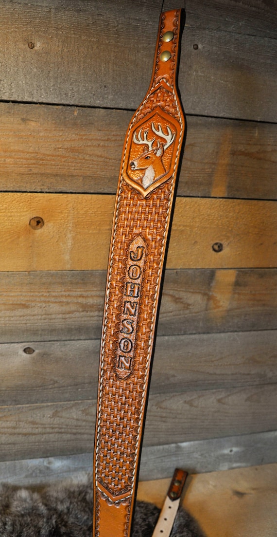 Personalized Leather Sling, Strap, Gifts for Him, Sportsman, Outdoorsman, Wildlife, Whitetail Deer, Belt, custom Gifts, Woodland, Woodsman