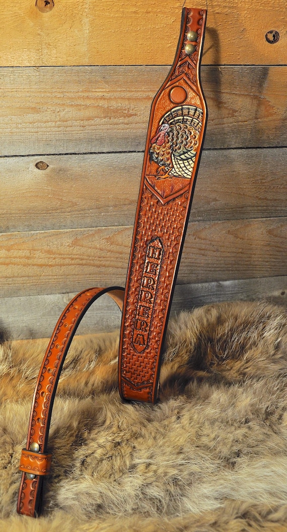 Leather Sling, Strap, Custom Leather, Personalized, Western, Turkey, Bird, Sportsman, Gifts for Him,