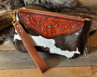 Western Leather Clutch, Tooled Leather Wristlet Purse, Floral Purse, Handmade Leather, Southwestern Purse, Cowgirl, Country Chic, Cowhide