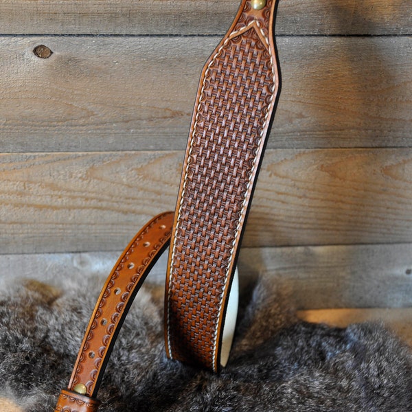 Leather Strap, Sling, Custom, Personalized, Gifts for Him, Basketweave, Outdoorsman, Western Leather, Tooled Leather, Traditional