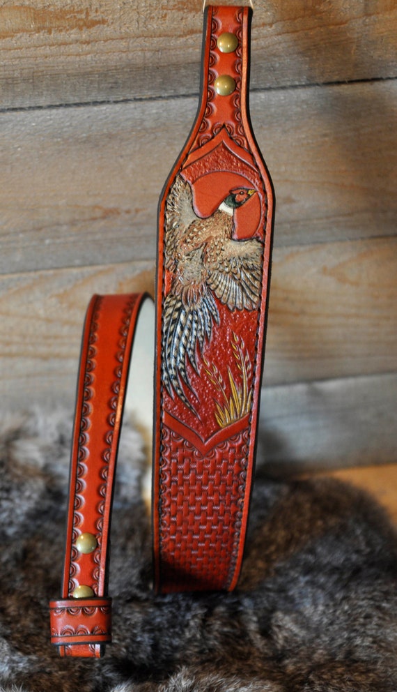 Custom Leather Sling, Strap, Gifts for Him, Dad, Sportsman, Outdoorsman, Wildlife, Pheasant, Bird, Partridge, Belt, Custom, Woodsman