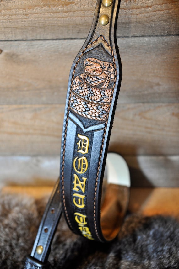 Custom Leather Strap, Sling, Gifts for Him, Dad, Sportsman, Outdoorsman, Gadsden Flag, Don't Tread On Me, Rattlesnake, Belt, Personalized