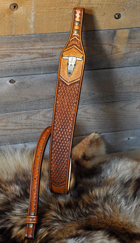 Custom Leather Sling, Personalized Strap, Cow Skull, Western, Tooled, Belt, Gifts for Him, Gifts for Dad, Outdoorsman, Longhorn, Bull, Farm