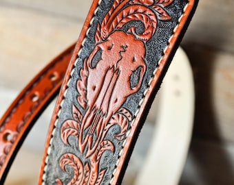 Custom Leather Sling: Tooled Skull & Deer Design, Personalized Strap