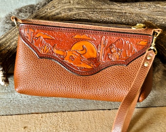 Tooled Leather Wristlet Purse, Western Clutch, Floral Purse, Handmade Leather, Southwestern, Cowgirl, Country Chic, Dopp, Makeup Bag