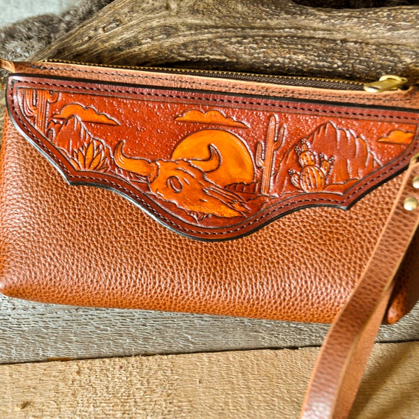 Tooled Leather Wristlet Purse, Western Clutch, Floral Purse, Handmade Leather, Southwestern, Cowgirl, Country Chic, Dopp, Makeup Bag