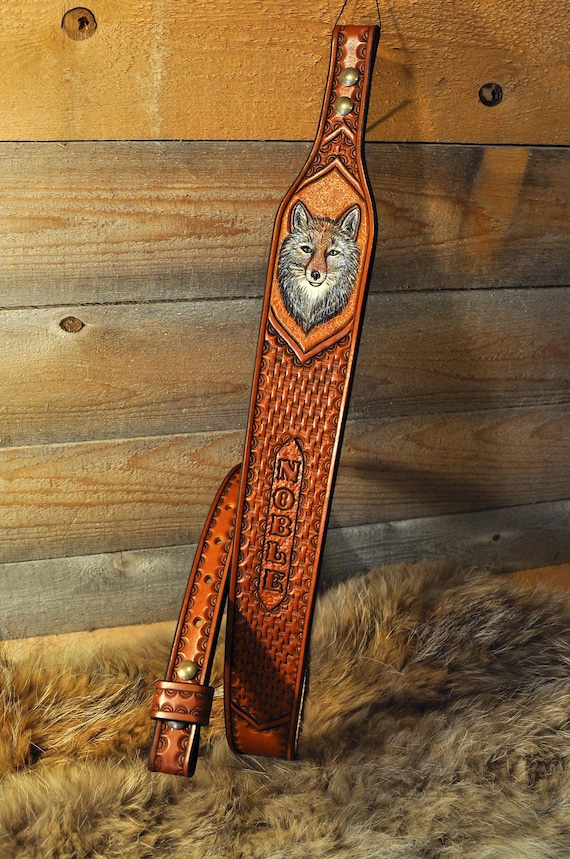 Personalized Leather Sling, Strap, Custom Leather, Western Coyote, Wolf, Wildlife, Sportsman, Gifts for Him, Dad