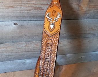 Personalized Leather Sling, Strap, Gifts for Him, Sportsman, Outdoorsman, Stag, Whitetail Deer, Belt, Woodland, Woodsman, Saint Hubertus