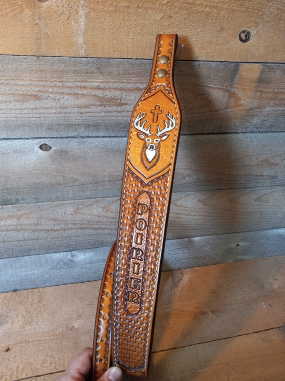 Personalized Leather Sling, Strap, Gifts for Him, Sportsman, Outdoorsman, Stag, Whitetail Deer, Belt, Woodland, Woodsman, Saint Hubertus