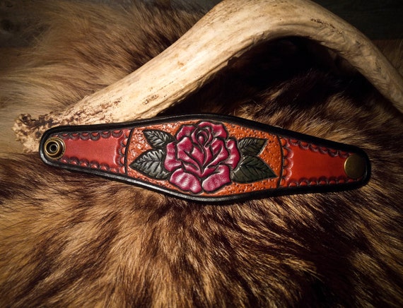 Carved Leather Bracelet,Custom Leather, Leather Cuff, Tooled Leather, Rose Bracelet, Leather flower, Floral Bracelet, Cowgirl, Cowboy