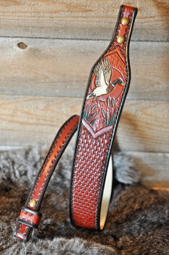 Leather Sling, Strap, Custom Leather, Personalized, Western, Duck, Bird, Sportsman, Gifts for Him,
