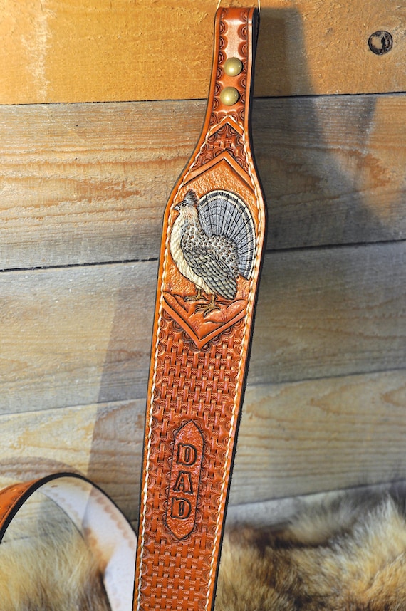 Leather Sling, Strap, Custom Leather, Personalized, Western, Grouse, partridge, Bird, Sportsman, Gifts for Him,