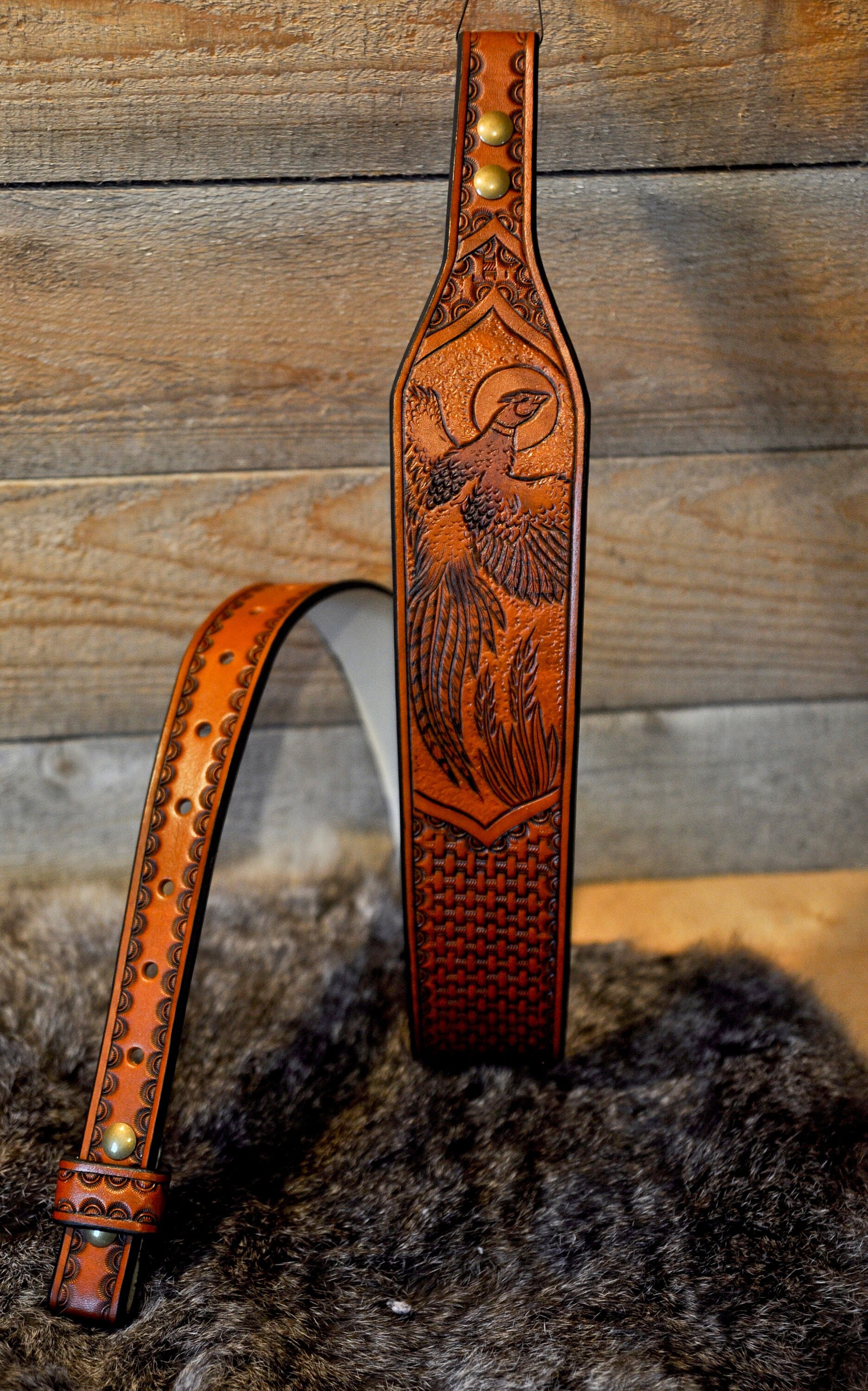 Leather Sling, Gifts for Him, Outdoorsman, Pheasant, Bird, Personalized  Strap, Tooled Leather, Custom Strap