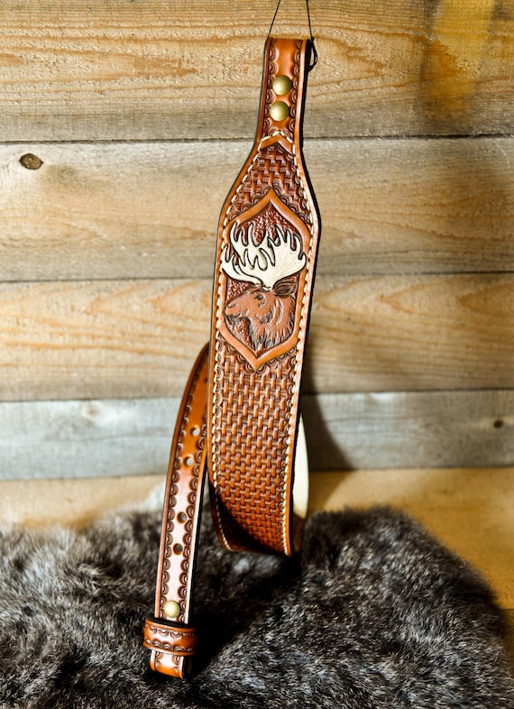 Personalized Leather Strap, Sling, Tooled Western, Moose, Wildlife, Sportsman, Outdoorsman, Gifts for Him, Gifts for Husband, Custom