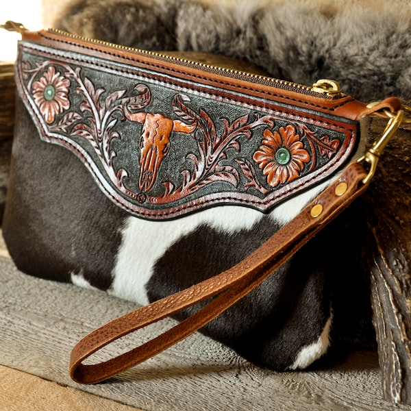 Western Leather Clutch, Tooled Leather Wristlet Purse, Floral Purse, Handmade Leather, Southwestern Purse, Cowgirl, Country Chic, Cowhide