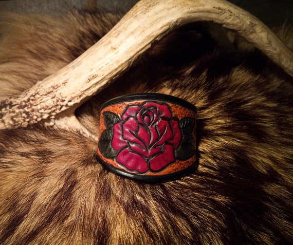 Western Bracelet, Custom Cuff, Carved Leather Bracelet, Leather Cuff, Tooled Leather, Rose Bracelet, Leather flower, Cowgirl, Cowboy