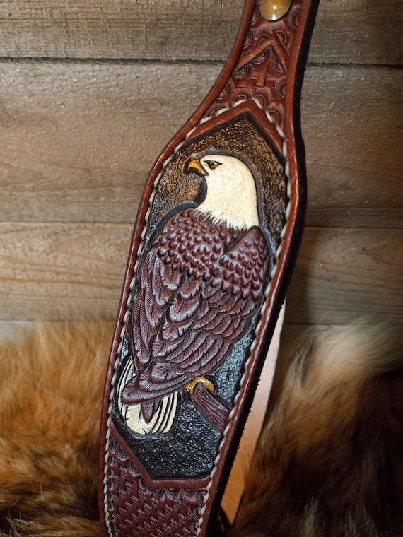 Custom Leather Sling, Personalized Strap, Tooled Leather, Eagle, Wildlife, Western, Gifts for Husband, for Him, for Dad, Sportsman