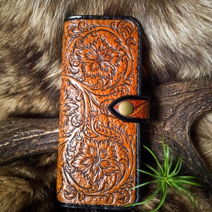 Portefeuille Western, Portefeuille long en cuir, Portefeuille femme, Portefeuille homme, Portefeuille carte, Billfold, Bifold, Cuir sculpté, Floral, Biker Wallet