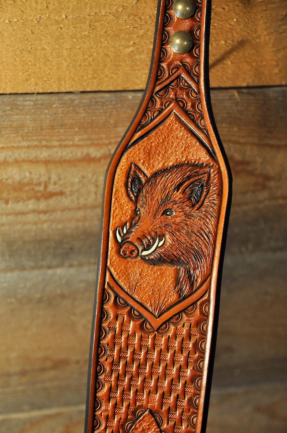 Leather Sling, Custom Strap, Belt, Wildlife, Wild Boar, Hog, Personalized Gifts, For Him, Dad, Traditional Leather, Sportsman
