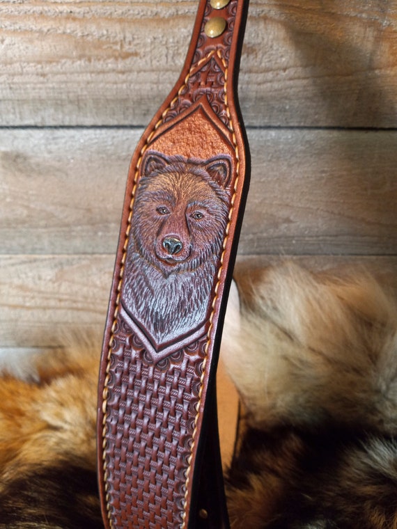 Leather Sling, Custom Strap, Belt, Wildlife, Bear, Grizzly, Personalized Gifts, For Him, Dad, Traditional Leather, Sportsman