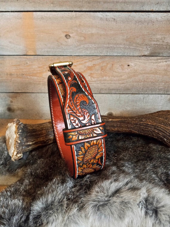 Custom Tooled Leather Dog Collar, Custom Dog Collar, Western Leather, Custom Leather, Gifts for Pets, Personalized, Sunflower, Floral Collar