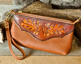 Western Leather Clutch, Tooled Leather Wristlet, Dopp, Cosmetic Bag, Shave Kit, Gifts for Him, Gifts for Her, Pouch, EDC, Makeup