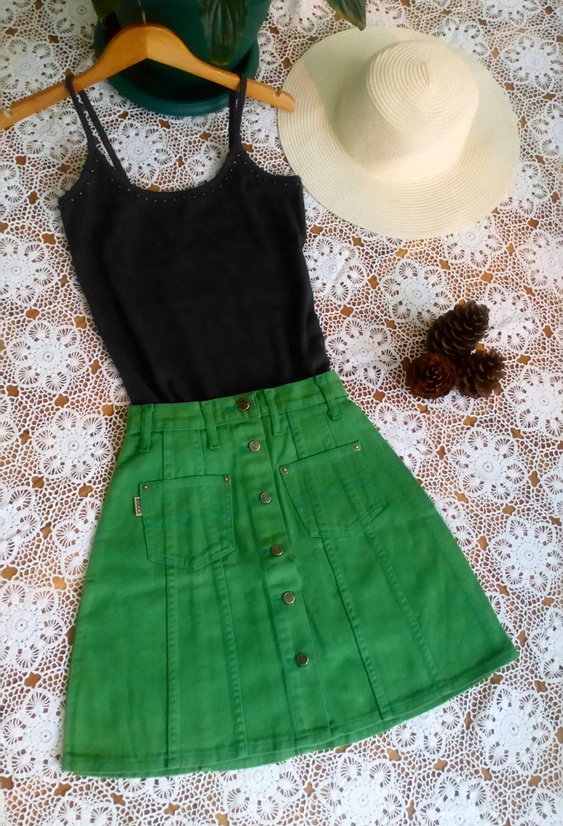 mini skirt button up skirt jean skirt high waist skirt vintage 90s skirt size 28 29 30 xs s m l Green Denim Skirts