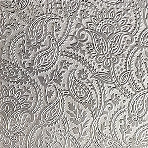 May include: A close-up of a silver and copper embossed fabric with a paisley pattern.