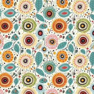 May include: A repeating pattern of colorful, stylized flowers and leaves on a cream background. The flowers are in shades of orange, yellow, pink, green, and blue, with intricate details. The leaves are teal, and the overall design is whimsical and decorative.