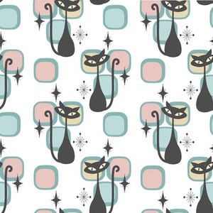 May include: A repeating pattern featuring stylized black cat silhouettes with large eyes and long tails. The cats are set against a white background with pastel-colored squares and starburst accents, creating a retro design.