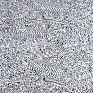 May include: A detailed, textured, silver-colored surface with a repeating wave pattern. The design incorporates various geometric shapes, including circles, triangles, and lines, creating a complex and visually engaging texture. The overall effect is a blend of elegance and intricate craftsmanship.