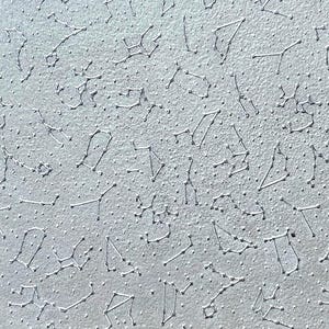 May include: A textured, silver-colored surface with a constellation pattern. The constellations are depicted with small dots connected by thin lines, creating a celestial design across the background.