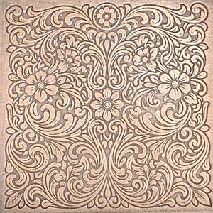 May include: A square, light brown, carved wooden panel featuring a symmetrical floral and scroll design. The design includes detailed flowers, swirling vines, and decorative elements, creating a textured, ornate pattern.