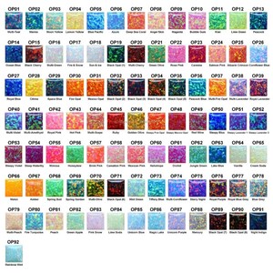 May include: A color chart displaying 92 different opal colors, each labeled with a unique code. The colors range from blues and greens to pinks, purples, and yellows, with names like "Marine," "Rose Pink," and "Unicorn Blue."