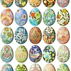 May include: A collection of twenty-five decorative Easter eggs with intricate floral and botanical designs. The eggs feature a variety of colors, including orange, blue, green, and yellow, with detailed patterns of flowers, leaves, and birds.