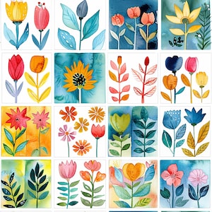 May include: Watercolor floral art prints featuring various flowers and leaves in vibrant colors. Each square print showcases a unique botanical design, including tulips, sunflowers, and abstract leaf arrangements. The artwork is set against colorful watercolor backgrounds.