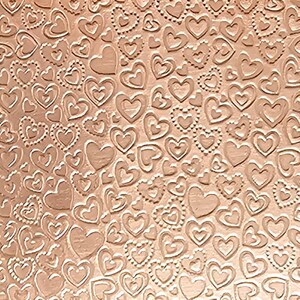 May include: A sheet of rose gold foil paper with a repeating pattern of embossed hearts.