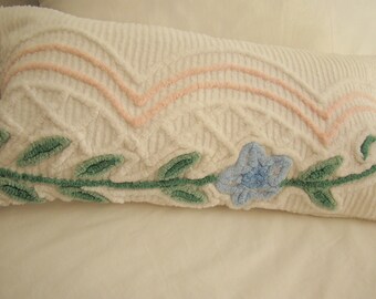 White Chenille Lumbar Pillow Cover With Blue Flower And Green Vine in for 13" x 24" Pillow Insert