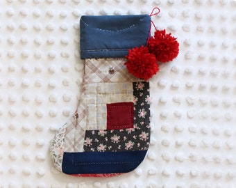 Vintage Log Cabin Quilt Christmas Stocking With Pom Poms