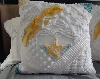 Golden Yellow, Green And White Patchwork Chenille Pillow Cover With Floral Center for 18" Pillow Insert