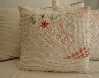 Pink And White Patchwork Chenille Pillow Cover With Floral Center for 16" Pillow Insert