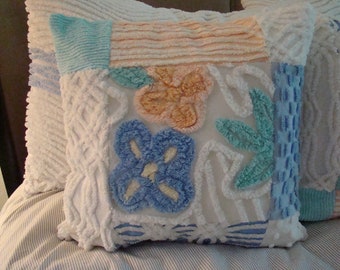 Coral,Teal, Blue And White Patchwork Chenille Pillow Cover With Floral Center for 18" Pillow Insert