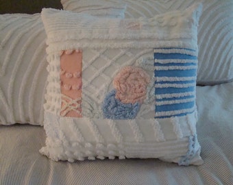 Coral Pink, Blue And White Patchwork Chenille Pillow Cover With Floral Center for 18" Pillow Insert