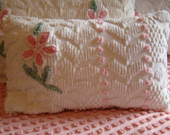 One White Chenille Lumbar Pillow Cover With Floral center for 14" x 22" Pillow Insert
