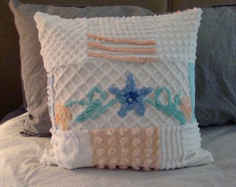 Peach, Teal, Blue And White Patchwork Chenille Pillow Cover With Floral Center for 18" Pillow Insert