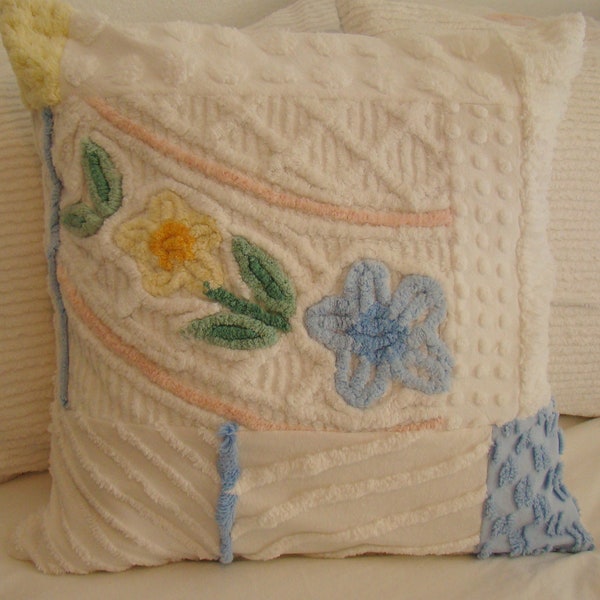 Blue And White Chenille Pillow Cover With Floral Center for 18" Pillow Insert