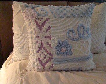 REDUCED PRICE-Lavender, Blue And White Patchwork Chenille Pillow Cover With Floral Center for 18" Pillow Insert Was 35.00 Now 30.00